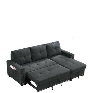 85 in. W Black Polyester Full Size 3 Seats Reversible Pull Out Sleeper Sectional Storage Sofa Bed with 2-Side Pockets