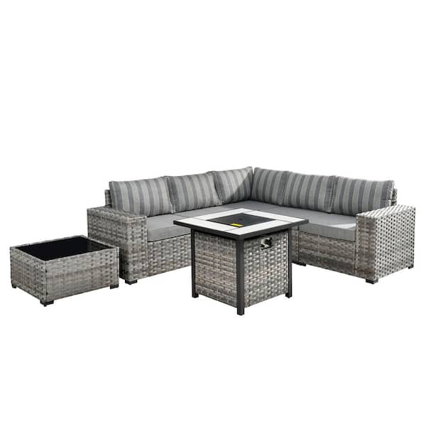 Moonriver 7-Piece Wicker Outdoor Patio Fire Pit Conversation Sectional Sofa Set with Gray Stripe Cushions