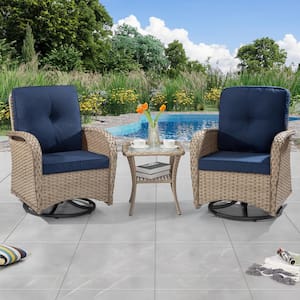 3-Pcs LIght Brown Wicker Outdoor Rocking Chair Patio Conversation Set Swivel Chairs with Blue Cushions and Table