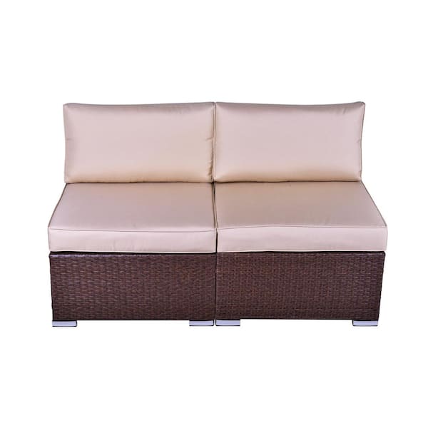 Sunvivi Brown 2 Piece Patio Wicker Loveseat Outdoor Sectional Armless Sofa Additional Furniture Set With Beige Cushions Ys002 C The Home Depot