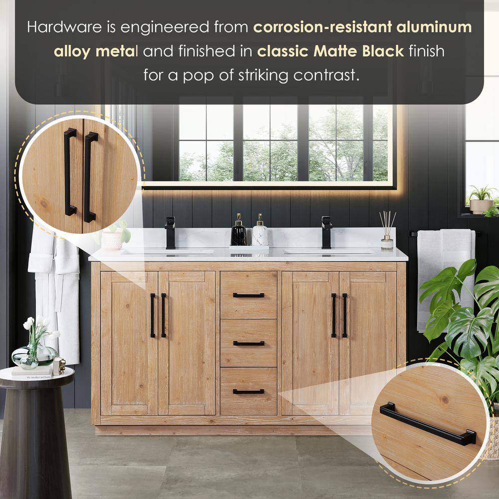 Cicero 60" Light Brown Fir Wood Vanity with White Stone Top and Mirror