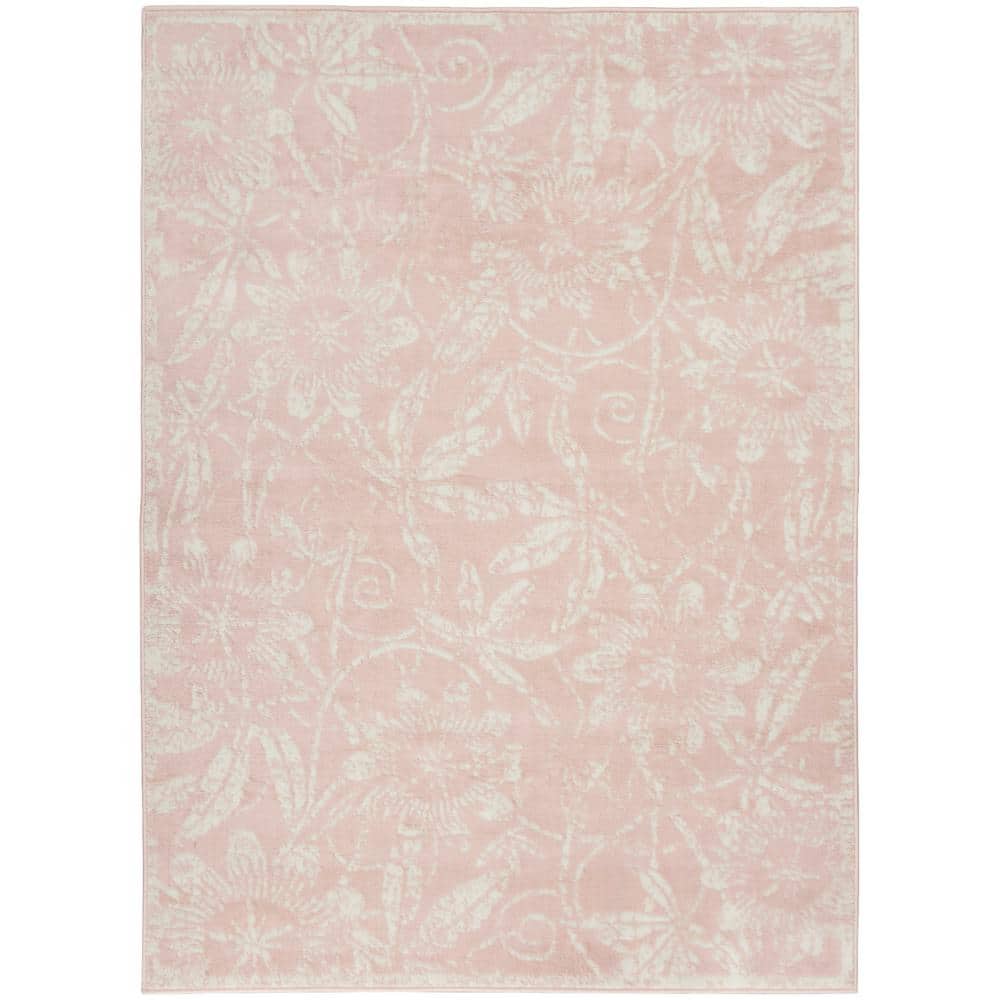 Pink Floral Synthetic 4' x 6' Reversible Rug
