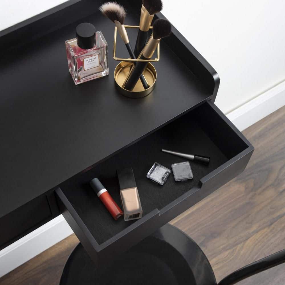 Sleek Black Wood and Metal Floating Console Desk with Storage