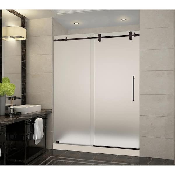 Aston Langham 60 in. x 32 in. x 77.5 in. Frameless Sliding Shower Door with Frosted Glass in Bronze, Right Drain