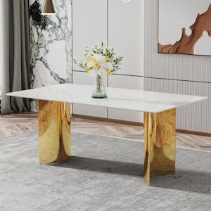 White/Gold Imitation Marble Glass Sticker Top 71 in. Double Pedestal Dining Table Seats for 6