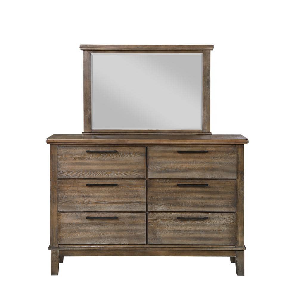 Vintage Gray Rubberwood 6-Drawer Dresser with Mirror