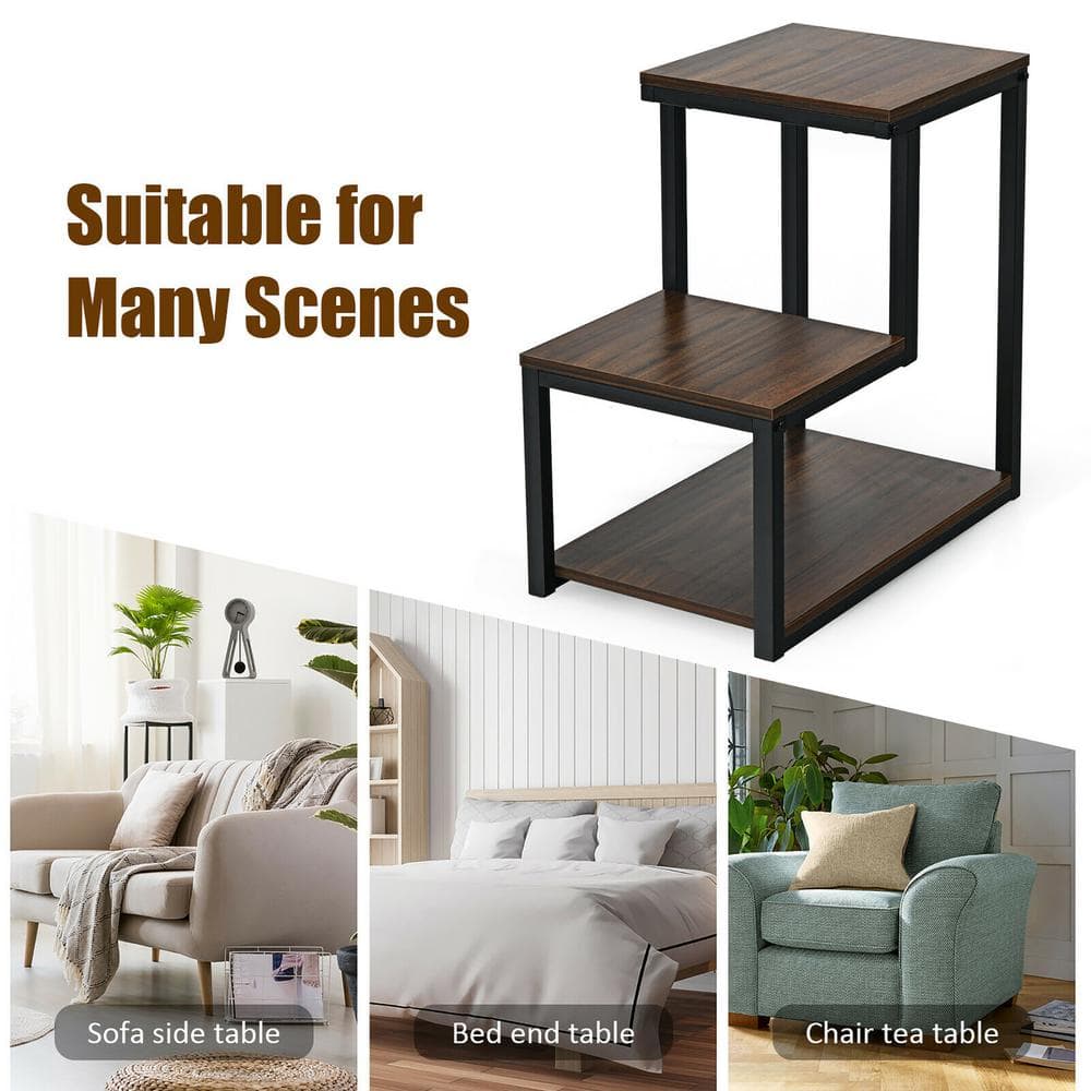 Brown Wood and Metal 3-Tier End Table with Storage