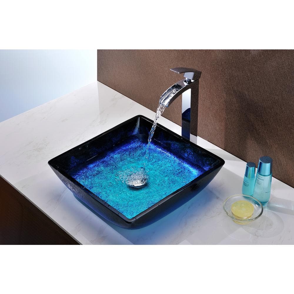 Blazing Blue Tempered Glass Square Above-Counter Vessel Sink