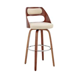 Julius 26 in Counter Height Stool w/ High Back Cream Faux Leather and Walnut Wood Finish