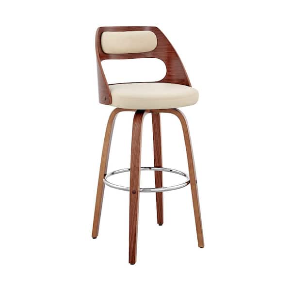 Armen Living Julius 30 in. Bar Height High Back Cream Faux Leather and Walnut Wood Bar Stool