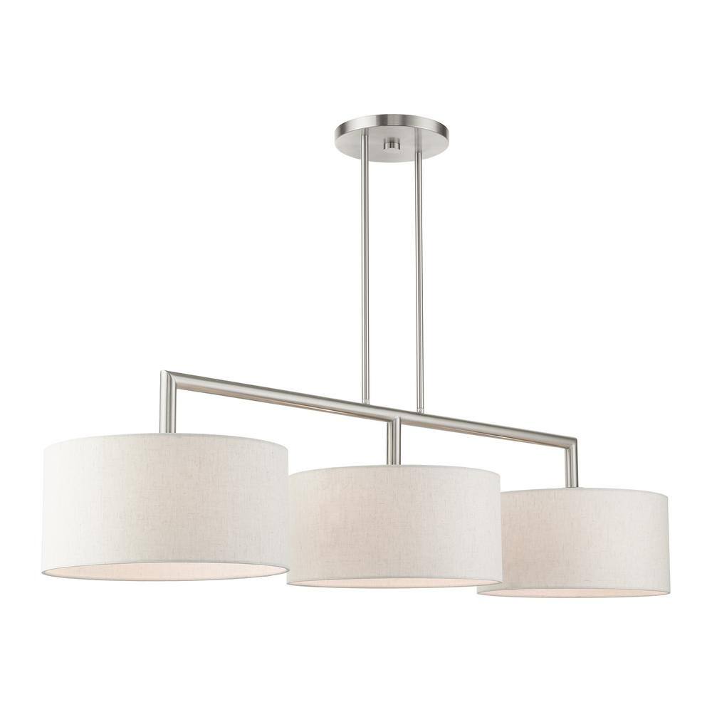 Meridian Brushed Nickel 3-Light Linear Chandelier with Oatmeal Shades