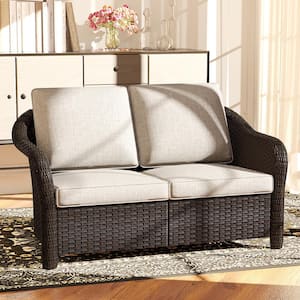 Brown Wicker Outdoor Patio Loveseat Sofa Couch with Beige Cushions