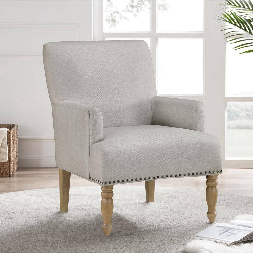 Beige Upholstered Accent Chair with Nailhead Trim and Wood Legs