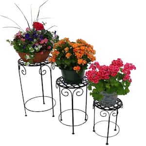 Metal Iron Plant Stand with Scroll Design in Black (Set of 3)