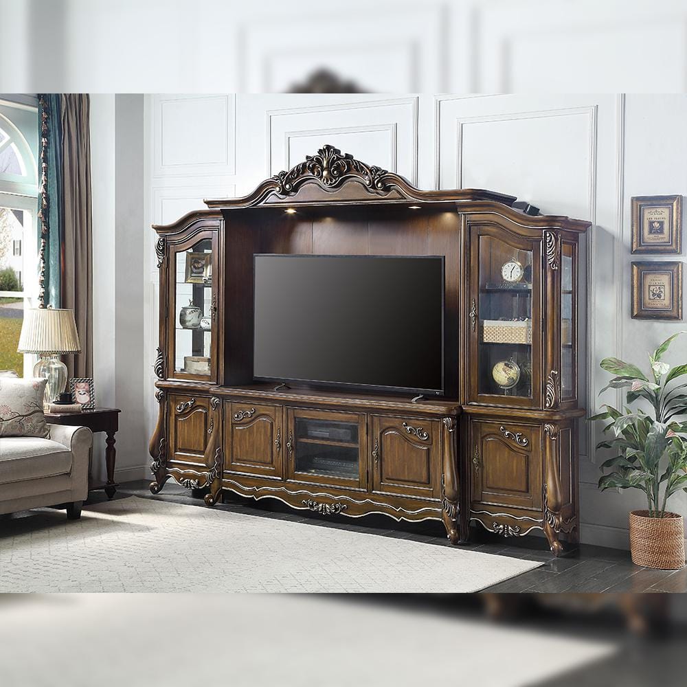 Latisha Antique Oak Finish TV Stand Entertainment Center Fits TV Up to 68 i