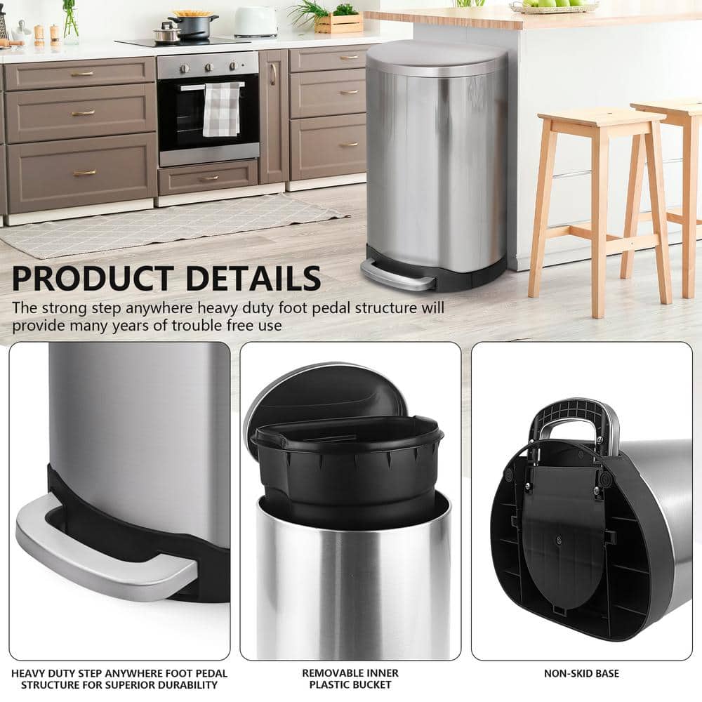 Brushed Stainless Steel Semi-Round Step-On Trash Can