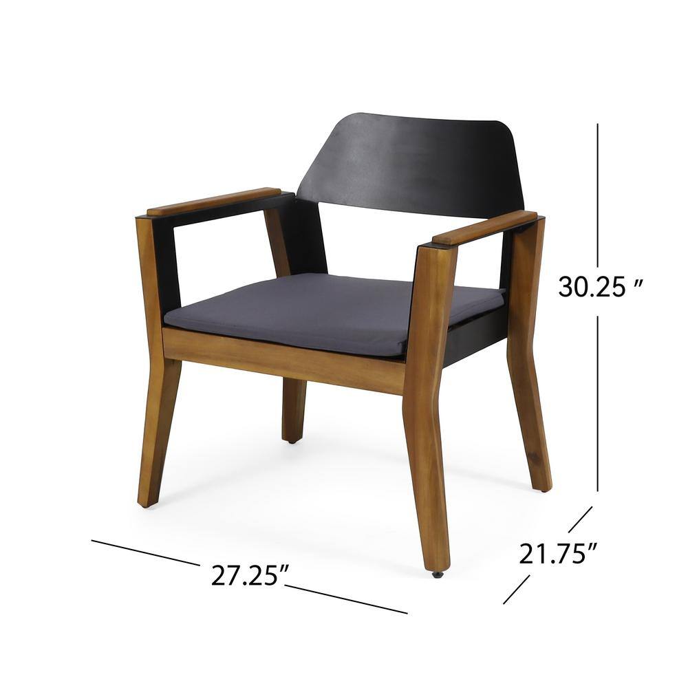 Teak and Black Acacia Wood Outdoor Club Chairs with Dark Gray Cushions, Set of 2