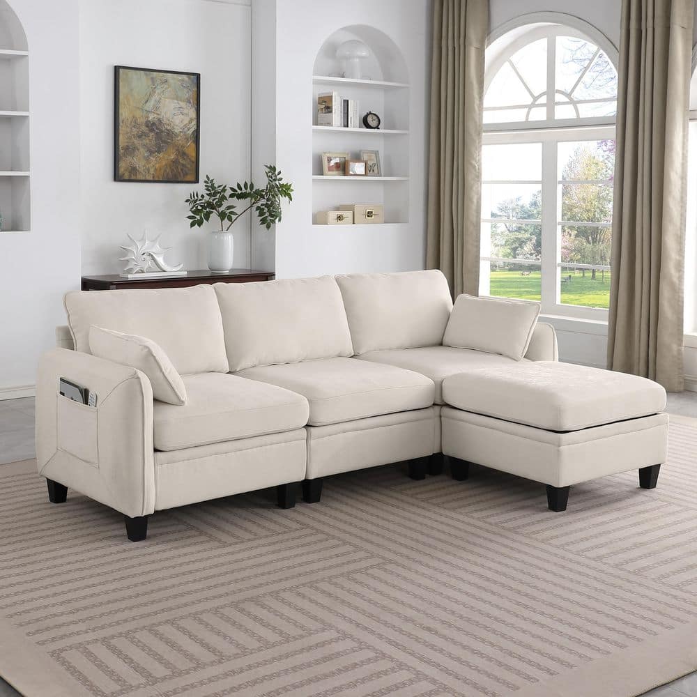 Yesenia Modern 84.6 in. 4-Piece Chenille Modular Storage Sectional Sofa with Lift-Up Storage Ottoman in. Beige