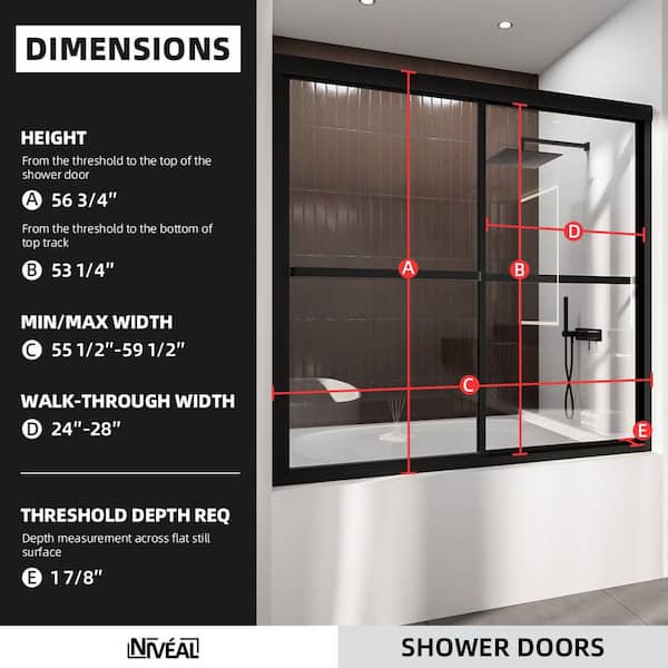 Alvin 59 in. W x 56 in. H Sliding Framed Tub Door in Matte Black Finish