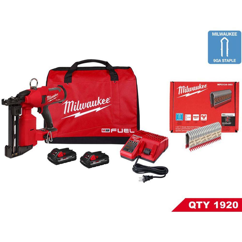M18 FUEL 18-Volt Brushless Cordless Utility Fencing Stapler w/1 3/4 in. 9-Gauge Galvanized Staples 960 per Box (2-Pack)