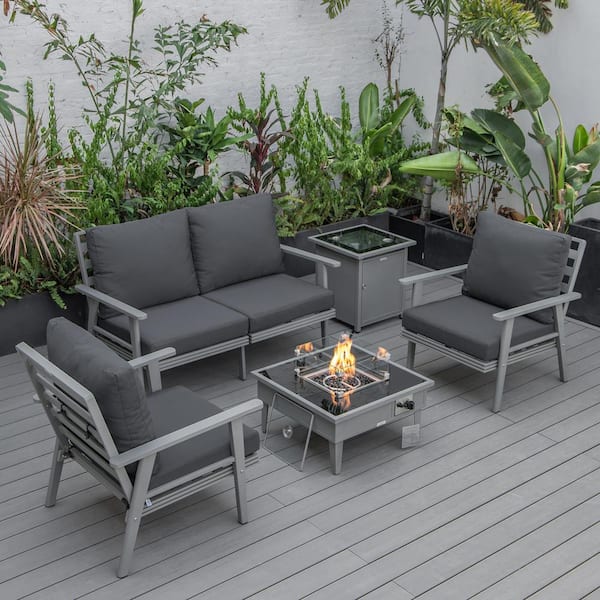 Leisuremod Walbrooke Grey 5-Piece Aluminum Square Patio Fire Pit Set with Charcoal Cushions and Tank Holder