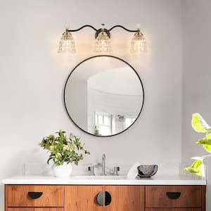 26.77 in. 3-Light Black and Gold Bathroom Vanity Light Fixture with Textured Glass Shade