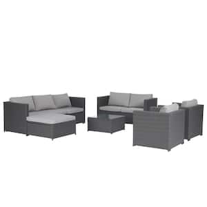 9-Pieces Gray Rattan Wicker Outdoor Sectional Set with Light Gray Cushions and Table