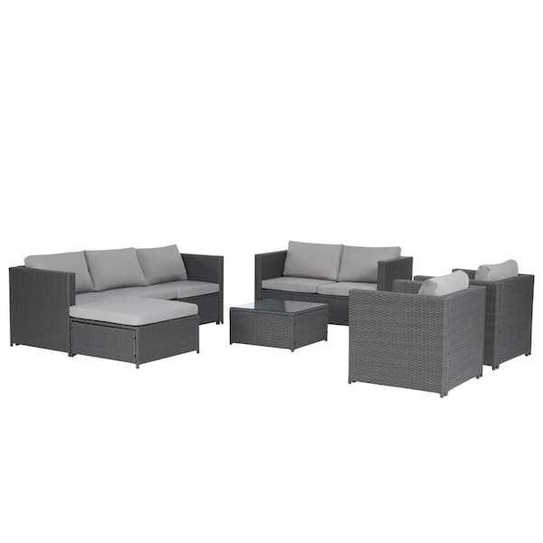 Runesay 9-Pieces Gray Rattan Wicker Outdoor Sectional Set with Light Gray Cushions and Table