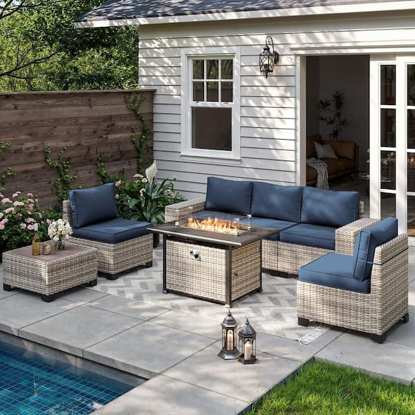 muphyers 7-Piece Wicker Patio Conversation Set with 55,000 BTU Fire Pit Table and Glass Top Table with Navy Blue Cushions