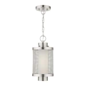Roycroft 14.5 in. 1-Light Brushed Nickel Dimmable Outdoor Pendant Light with Satin Opal White Glass