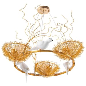 35.4 in. 3-Light Gold Modern Statement Bird Nest Shaped Pendant Light with White Glass Shade, No Bulbs Included