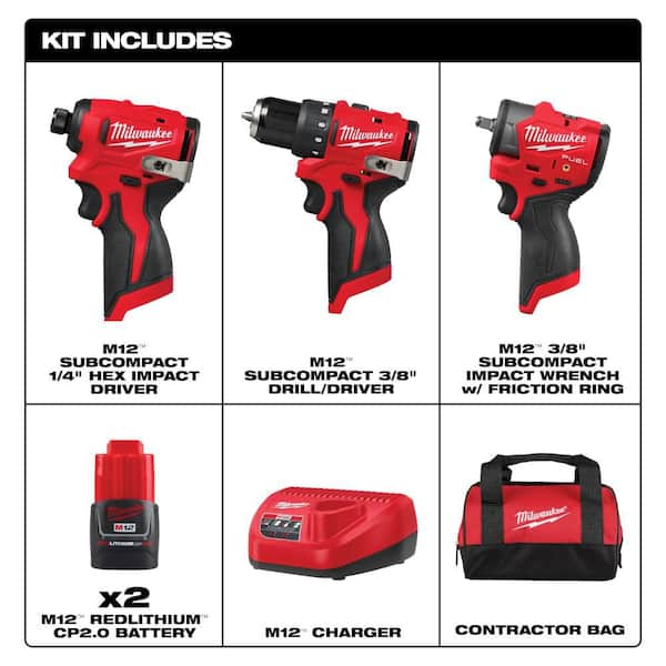 M12 12-Volt Lithium-Ion Brushless Cordless Subcompact Drill and Impact Driver Combo Kit w 3/8 in. Impact Wrench (3-Tool)