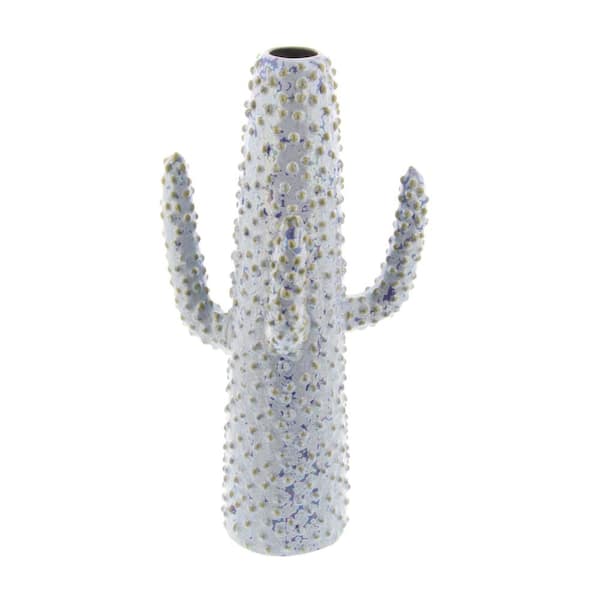 Litton Lane 16 in. Distressed White Ceramic Cactus-Shaped Decorative Vase