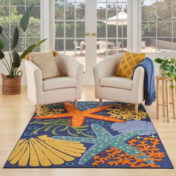 Aloha Navy Multicolor 6 ft. x 9 ft. Tropical Nautical Contemporary Indoor/Outdoor Area Rug