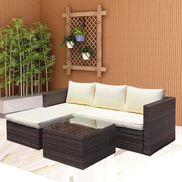 Maypex Brown 3-Piece Wicker Outdoor Sectional Sofa Set with Beige Cushions