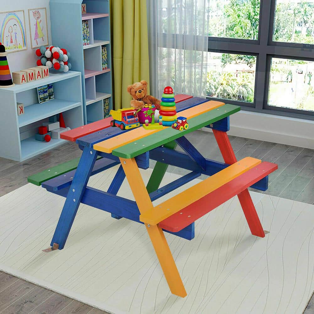 Rainbow Wood Kids Picnic Table with Umbrella, 4 Seats