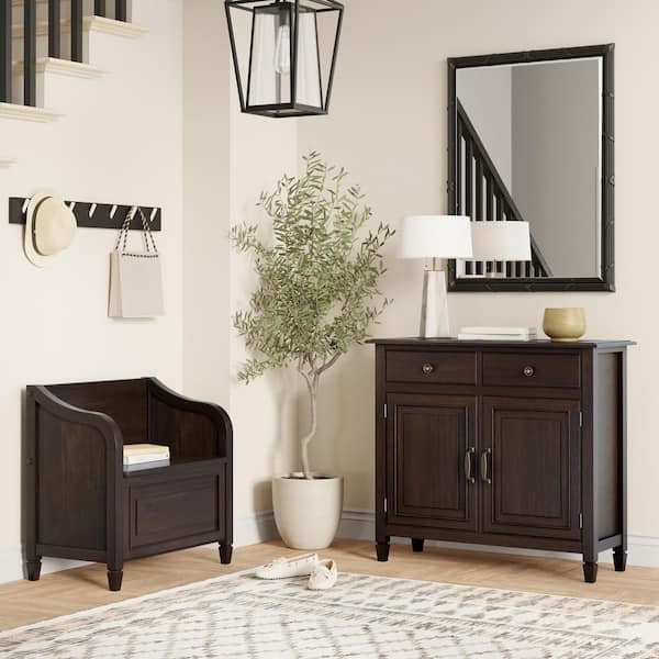 Connaught Solid Wood 30 in. Wide Small Storage Bench and 40 in. Wide Storage Cabinet in Dark Chestnut Brown