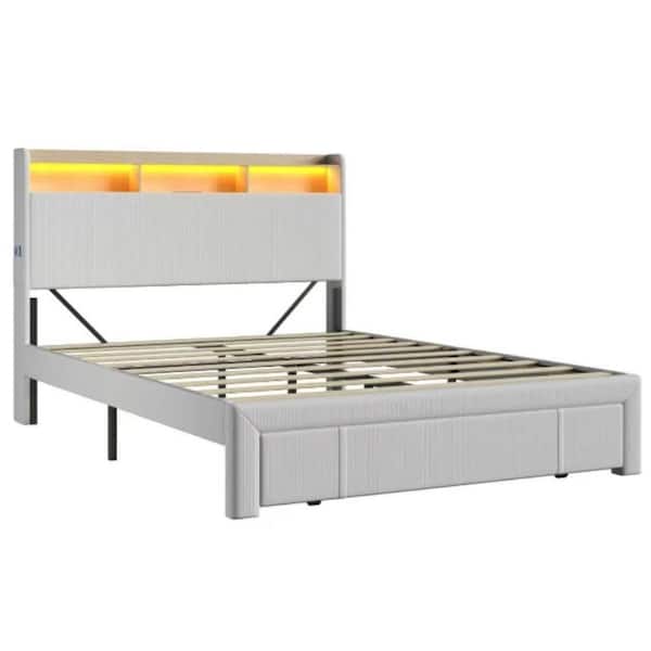 Beige Queen Upholstered Platform Bed Frame w/Drawers Storage Corduroy Headboard Charging Station LED Lights Wood Slats