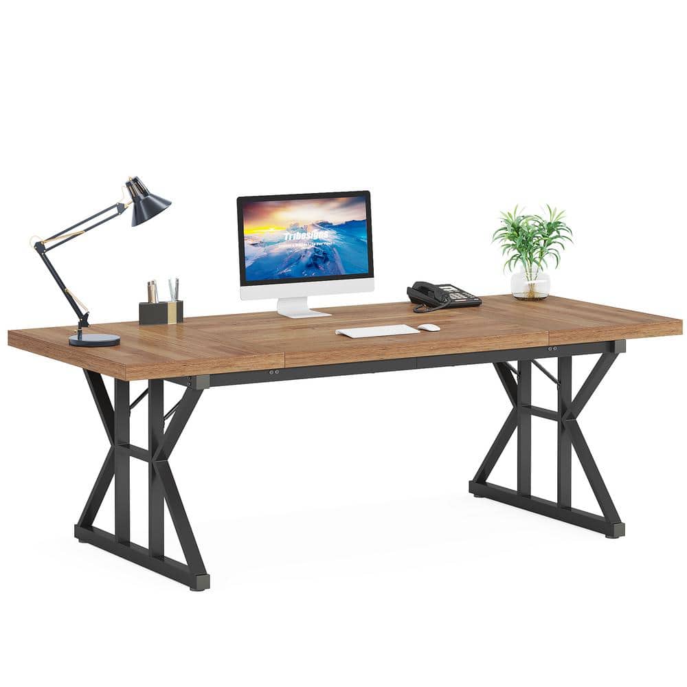 Capen 70.8 in. Rectangular Light Brown and Black Engineered Wood Executive Desk Computer Desk for Home Office - Thumbnail 3
