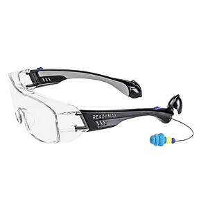 Fitover Safety Glasses Black Frame Clear Lens with NRR 25 db Silicone PermaPlugs