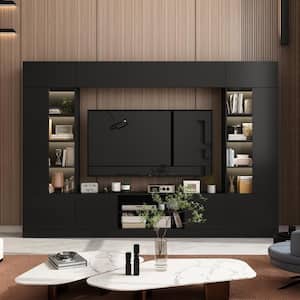 4-Piece Black Wood Entertainment Center TV Console with Door Cabinets, Bookshelves, LED Lights for TVs up to 75 in.