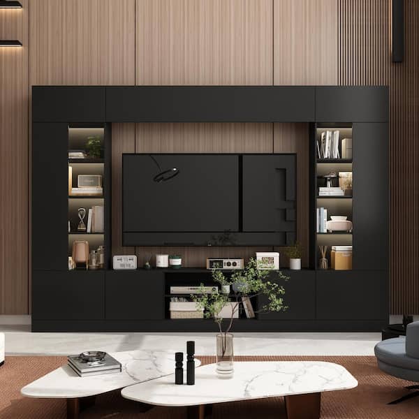 FUFU&GAGA 4-Piece Black Wood Entertainment Center TV Console with Door Cabinets, Bookshelves, LED Lights for TVs up to 75 in.