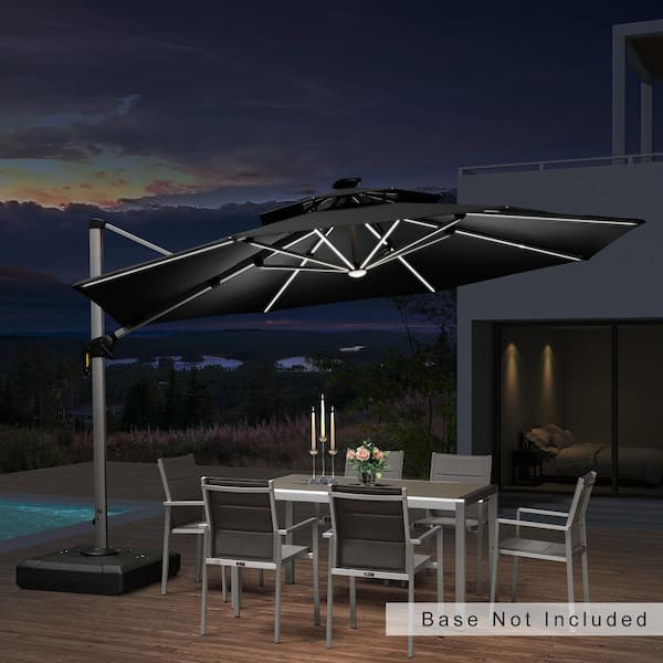 PURPLE LEAF 12 ft. Octagon Solar powered LED Patio Umbrella Outdoor Round Large Cantilever Umbrella Heavy Duty Sun Umbrella in Black