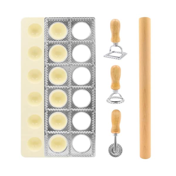 Wooden & Metal Pasta Making Kit with Ravioli Cutter, Dumpling Press, and Rolling Pin for Homemade Italian Pasta