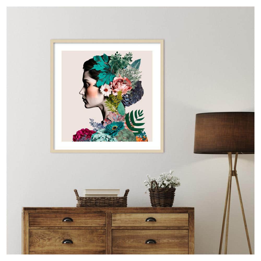 Floral Profile Abstract Expressionism Giclee Print in Natural Frame