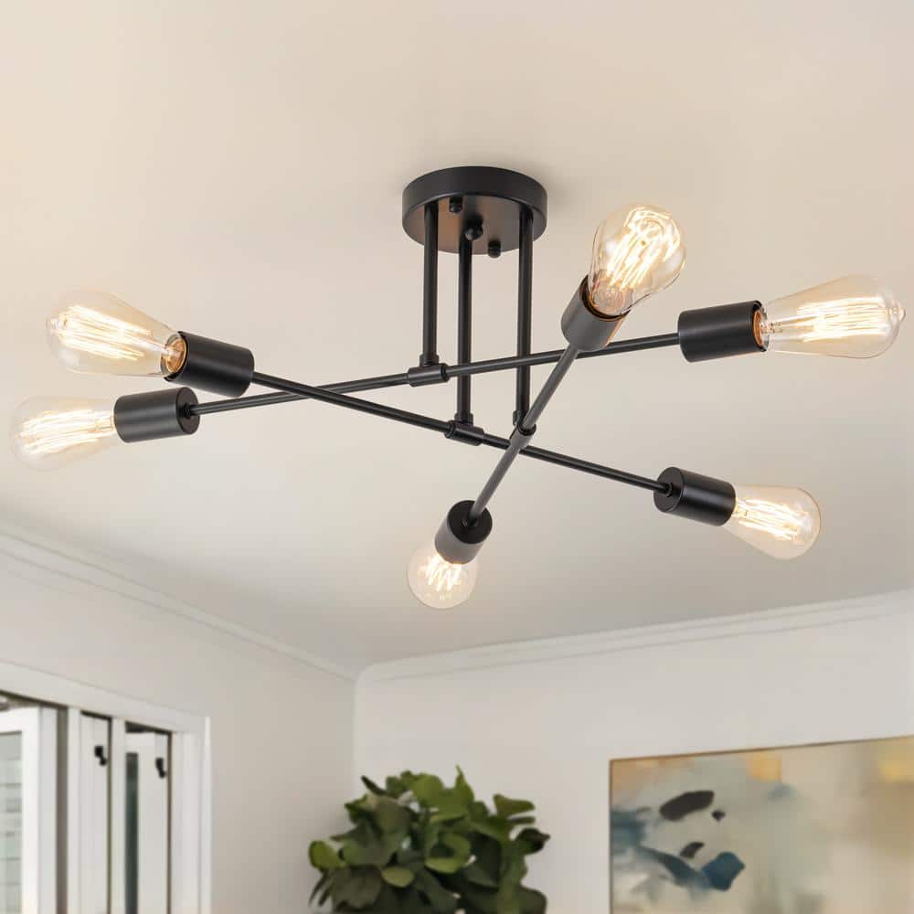 21.65 in. 6-Light Matte Black Modern/Industrial Branch Kitchen Island Semi-