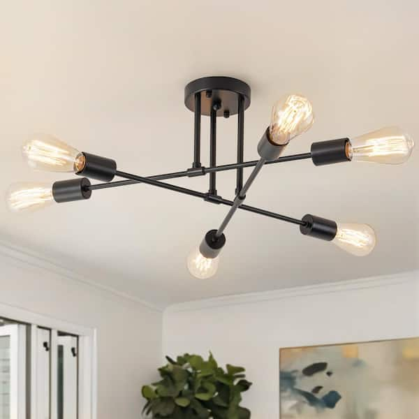 21.65 in. 6-Light Matte Black Modern/Industrial Branch Kitchen Island Semi-Flush Ceiling Light