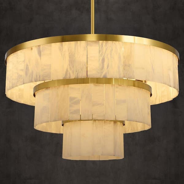 34 in. 16-Light Dimmable Alabaster Brass LED Round 3-Tiers Chandelier, for Living Room, Dining Room, Kitchen Island