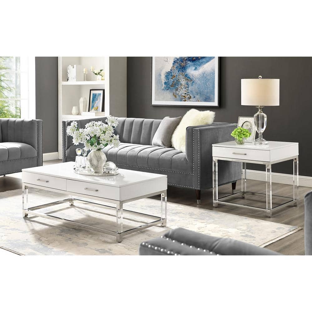 White and Chrome 1-Drawer End Table with Acrylic Legs