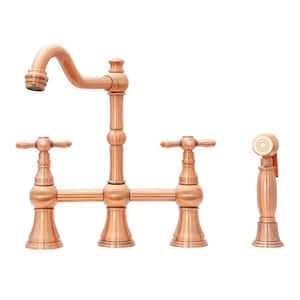 Solid Brass Kitchen Sink Faucet with Side Sprayer, 2 Cross Handles, Copper